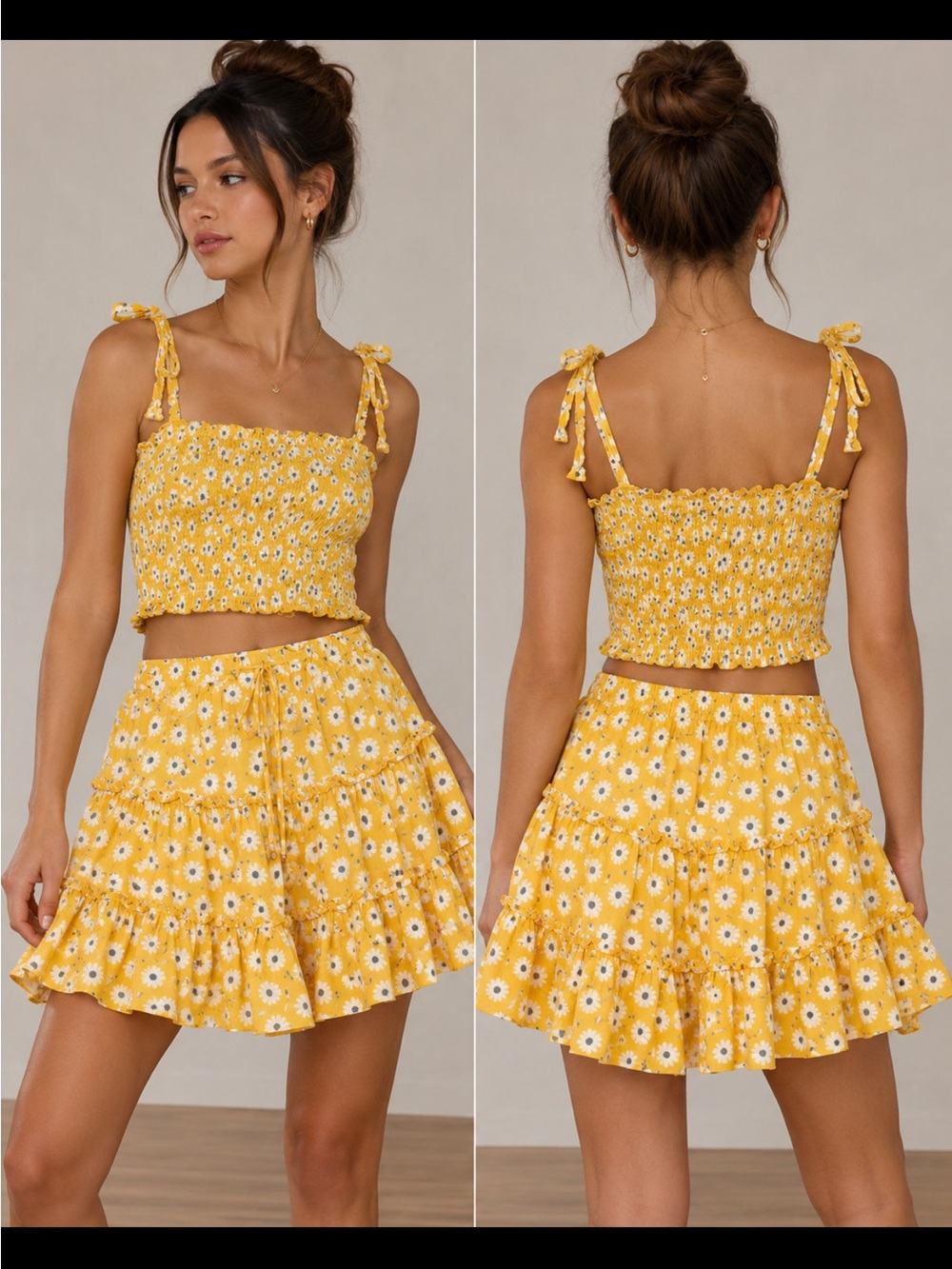 Yellow Daisy Smocked Tie-Strap Crop Top & Skirt Set